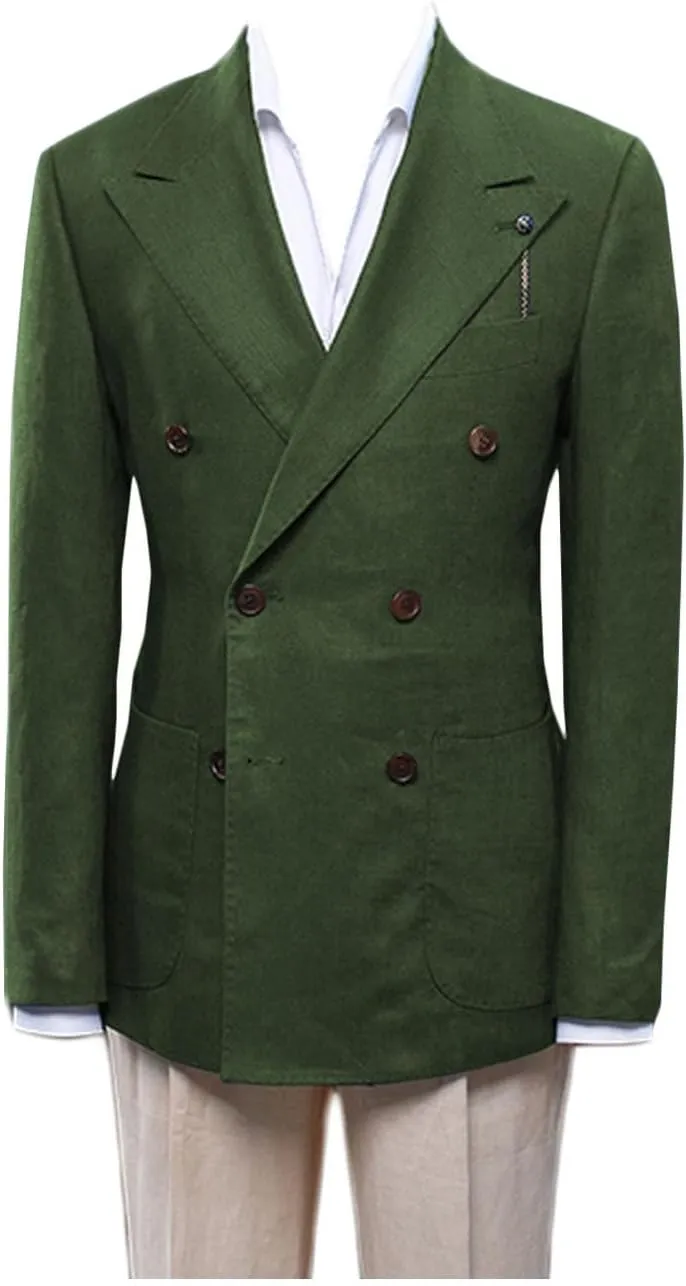 Men's Linen Blazer Double Breasted Peak Lapel Slim Fit Lightweight Jacket Evening Party Business