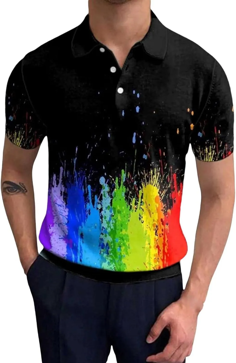 Mens Polo Shirts Short Sleeve Pride Rainbow Stripe Shirt with 3 Buttons Summer Tees Business Work Tops T-Shirt Blouse