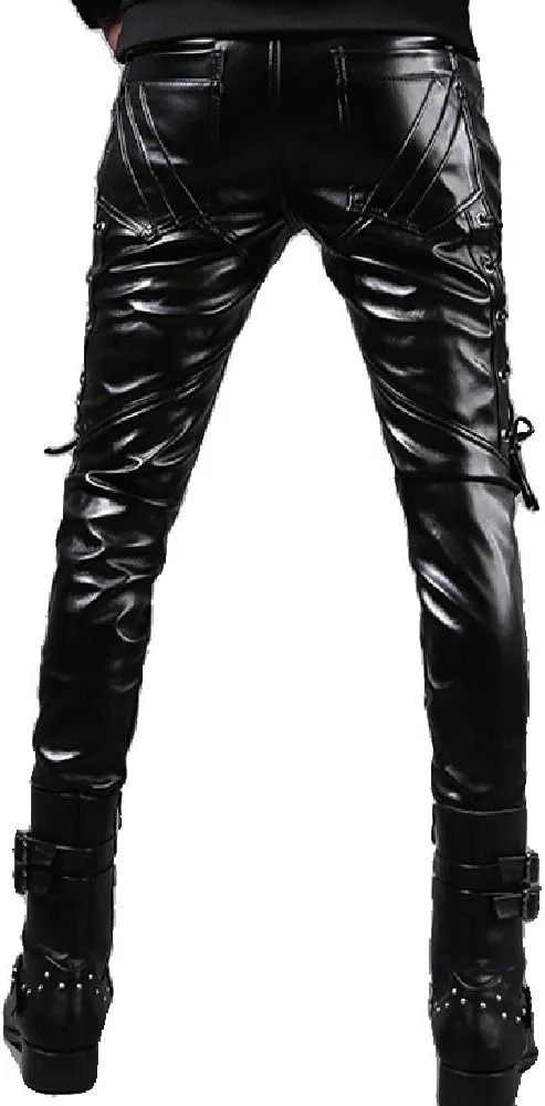 Men`s Rock Steampunk Lace Up PU Leather Pants Slim Fit
