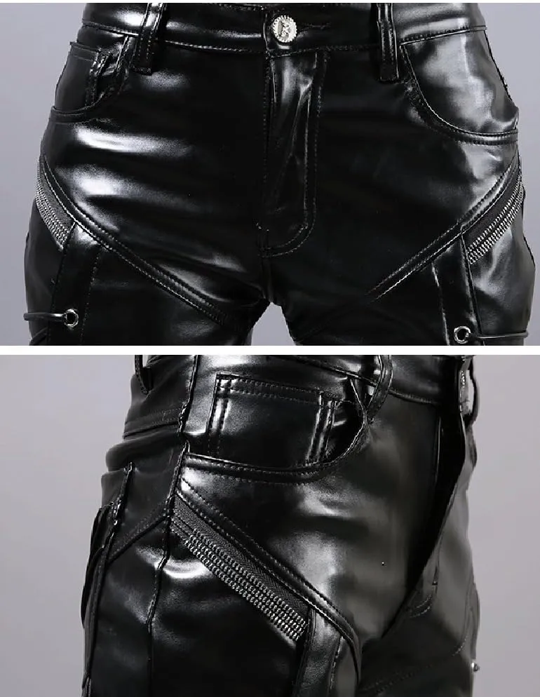 Men`s Rock Steampunk Lace Up PU Leather Pants Slim Fit