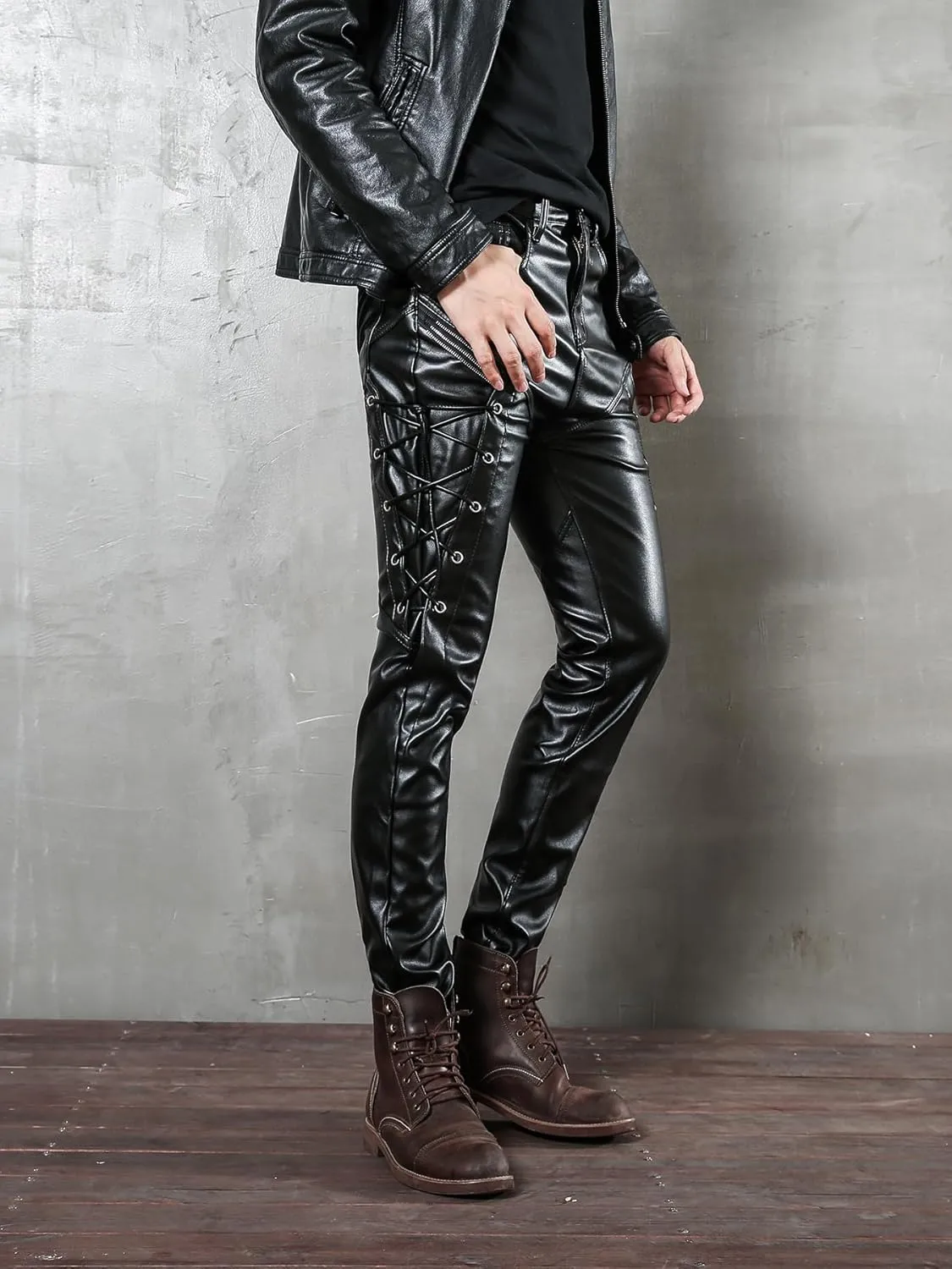 Men`s Rock Steampunk Lace Up PU Leather Pants Slim Fit