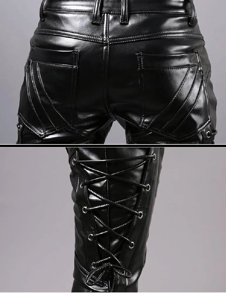 Men`s Rock Steampunk Lace Up PU Leather Pants Slim Fit