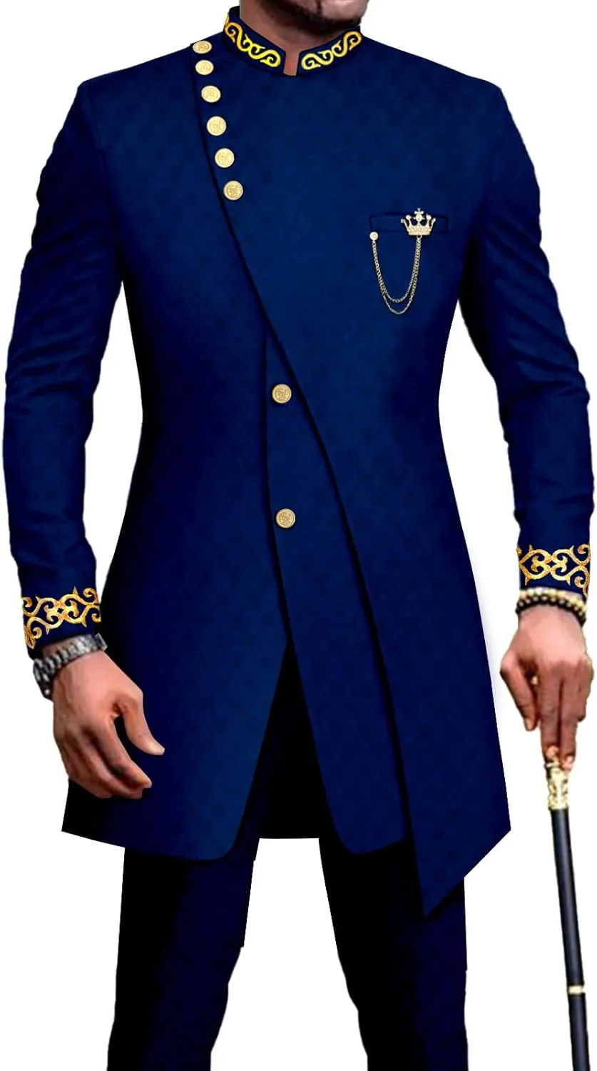 Men`s Suit Double Breasted Slim Fit Embroidery Chain Blazer and Pants Set Dashiki Outfits African Clothes