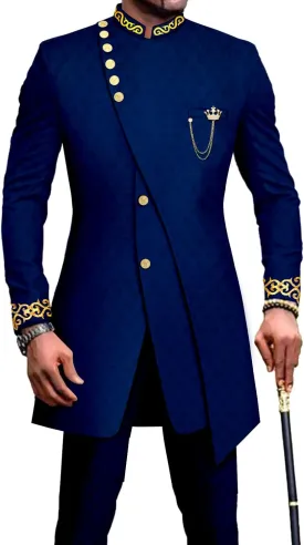 Men`s Suit Double Breasted Slim Fit Embroidery Chain Blazer and Pants Set Dashiki Outfits African Clothes
