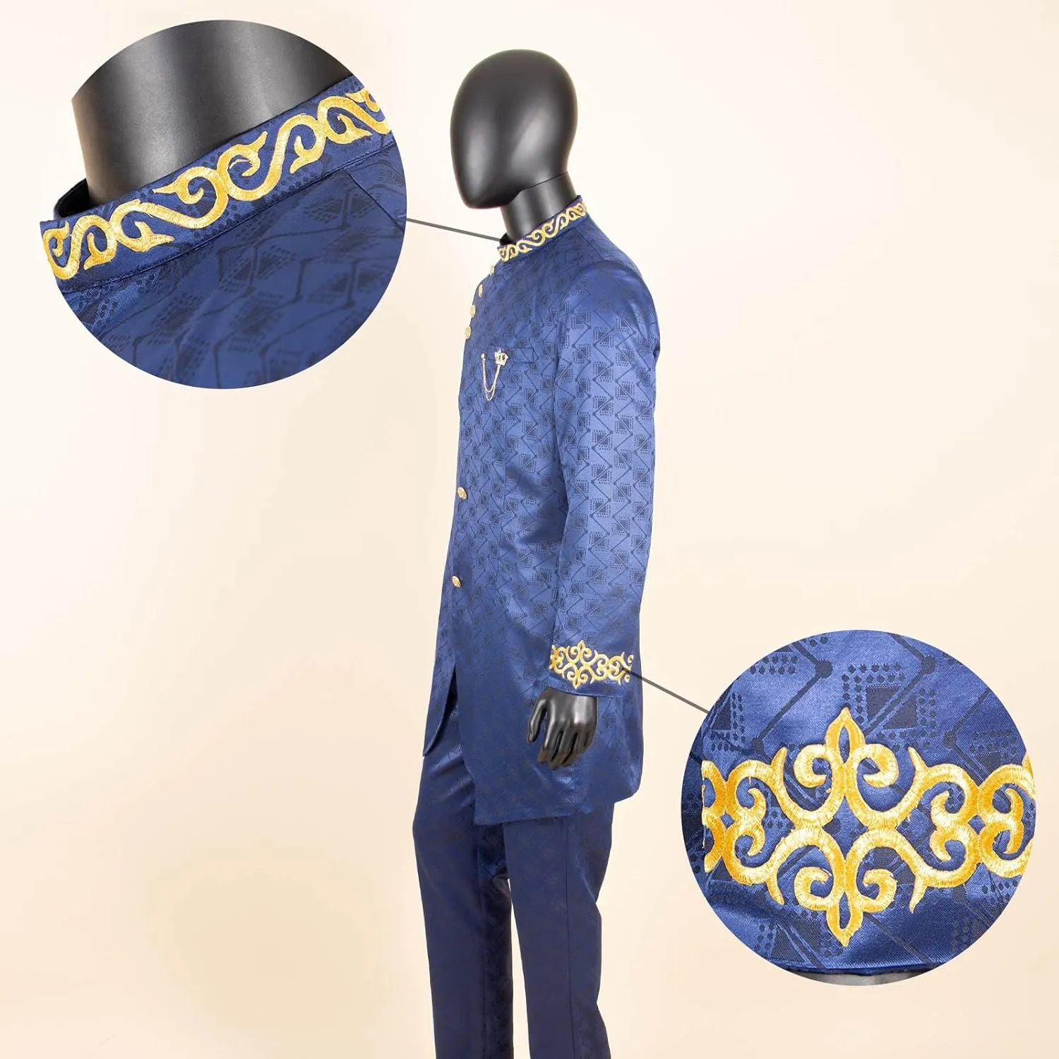 Men`s Suit Double Breasted Slim Fit Embroidery Chain Blazer and Pants Set Dashiki Outfits African Clothes
