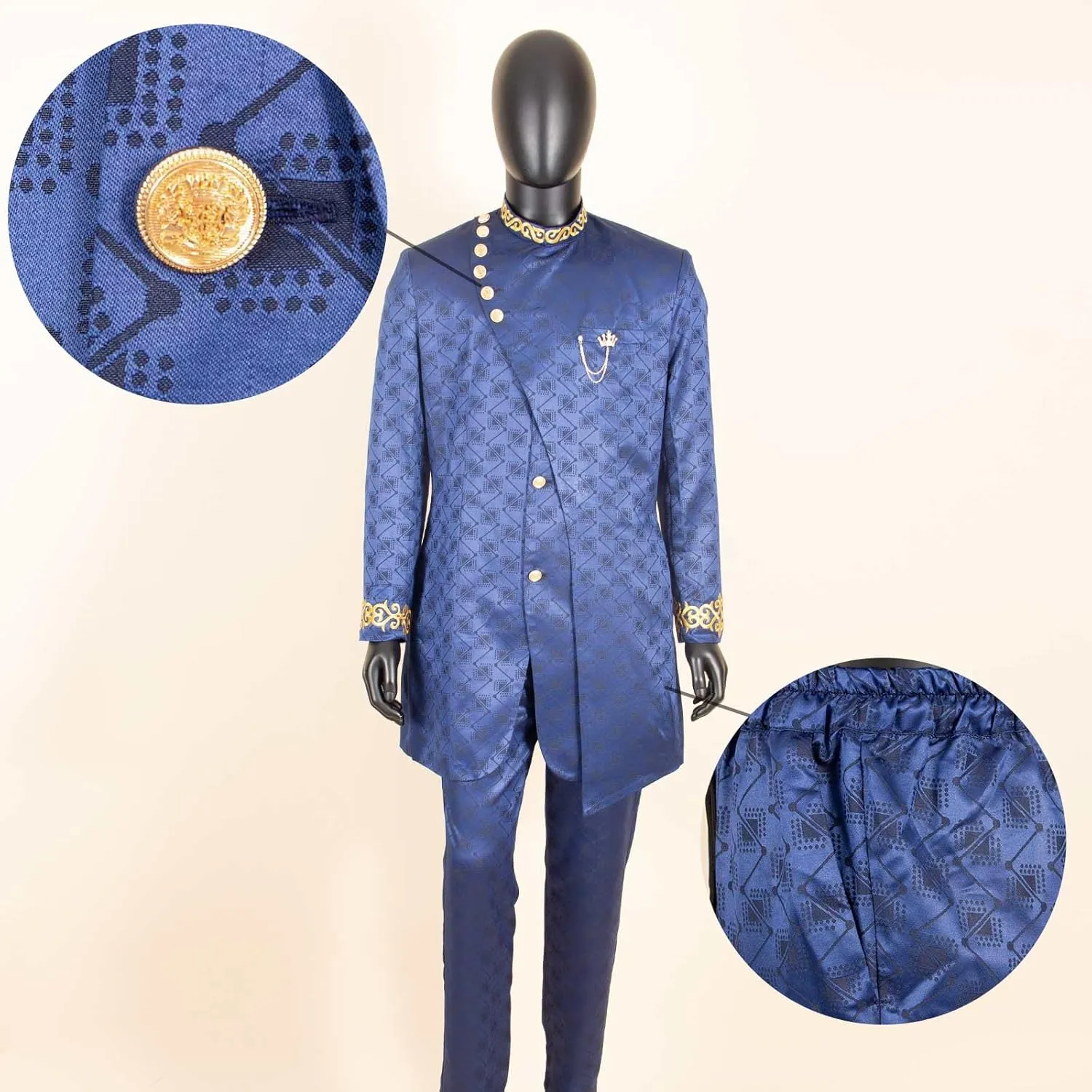 Men`s Suit Double Breasted Slim Fit Embroidery Chain Blazer and Pants Set Dashiki Outfits African Clothes