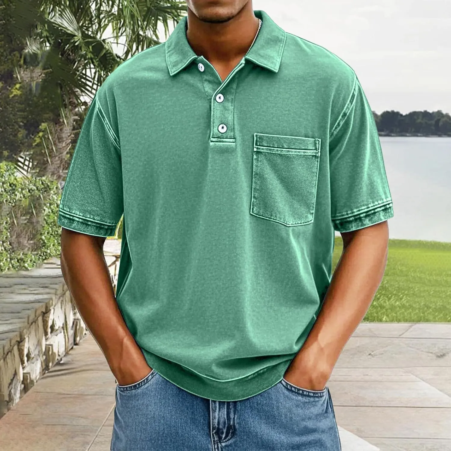 Mens Vintage Polo Shirts 3D Printing Pullover Shirts Classic Fit Lapel Button Tops Summer Casual Retro Distressed Top