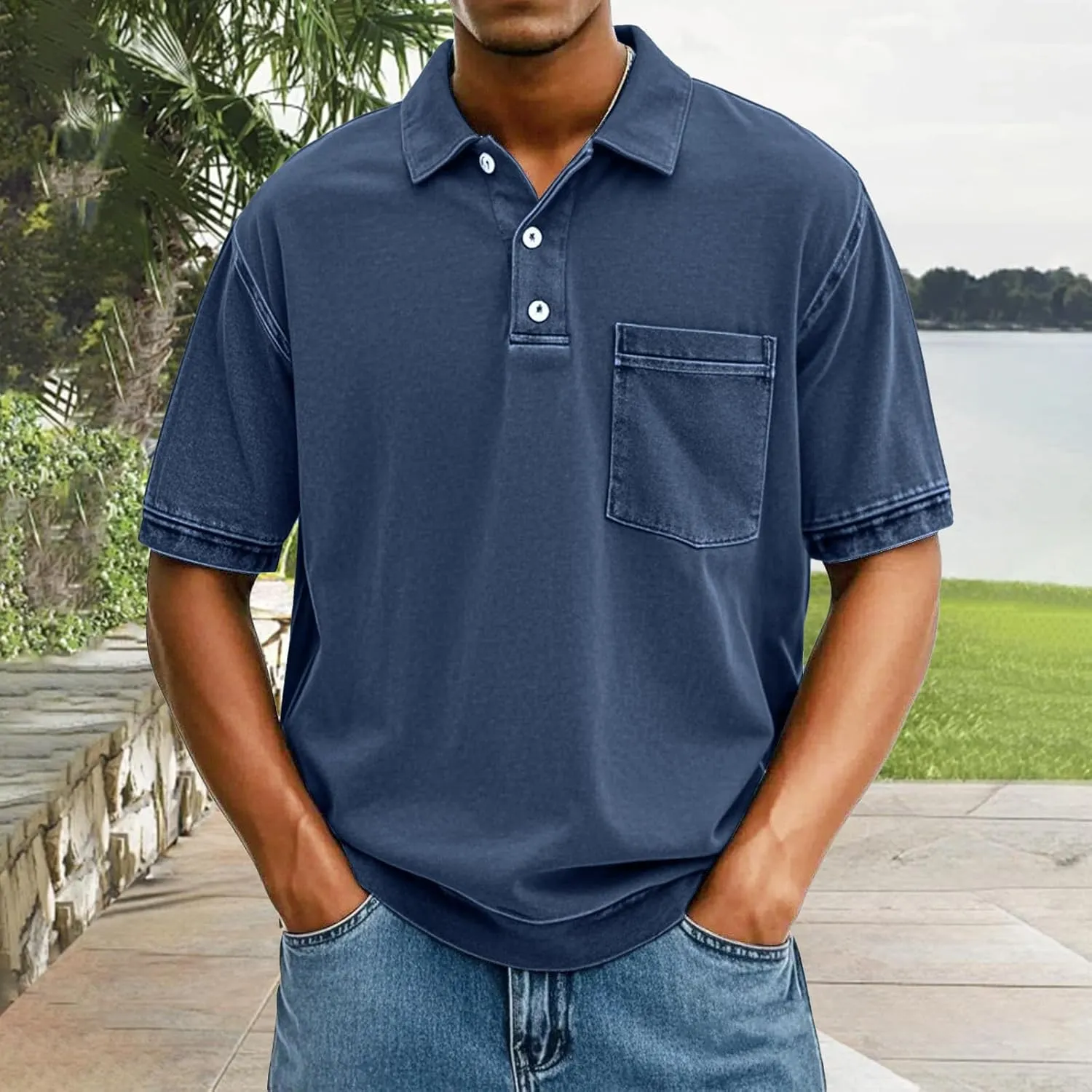 Mens Vintage Polo Shirts 3D Printing Pullover Shirts Classic Fit Lapel Button Tops Summer Casual Retro Distressed Top