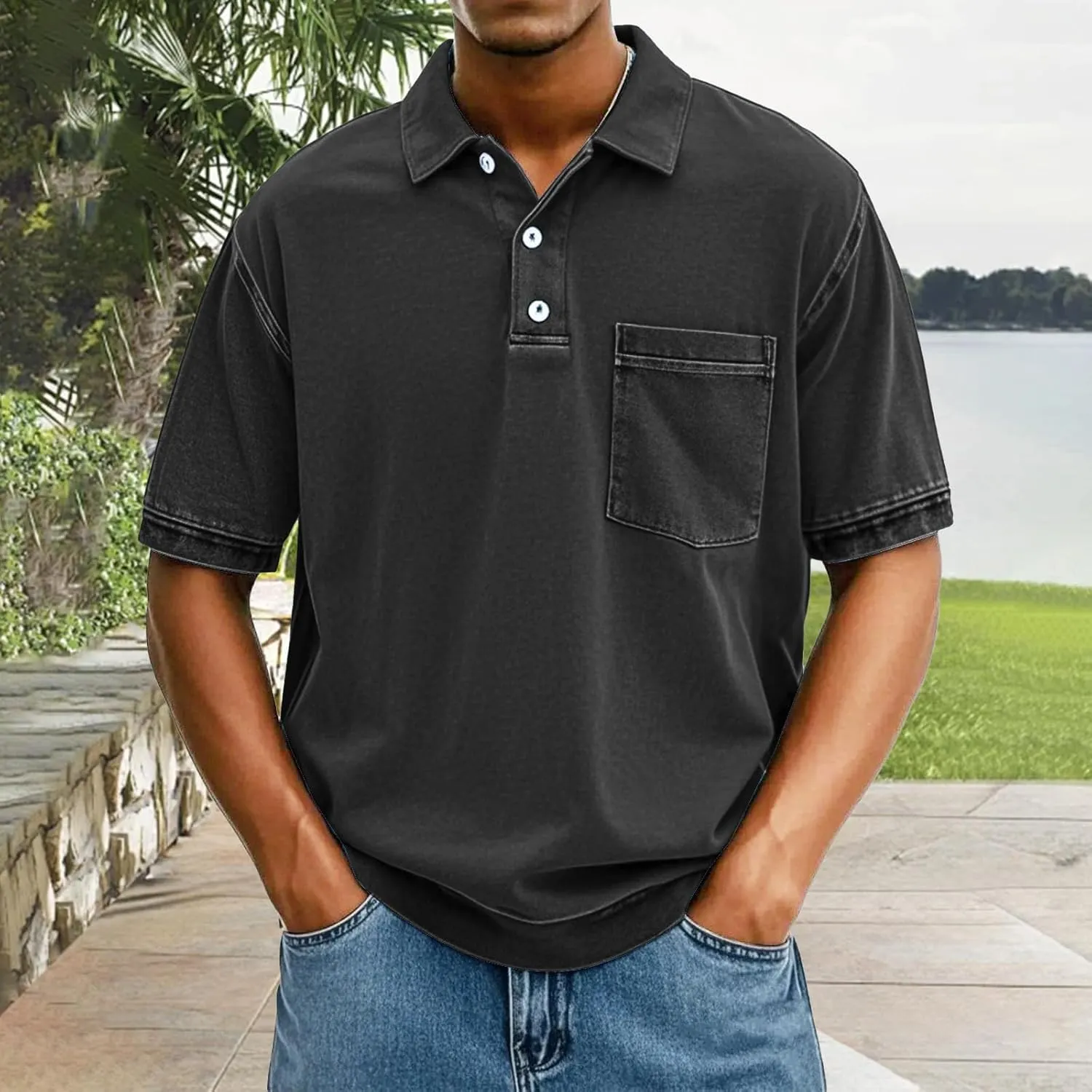 Mens Vintage Polo Shirts 3D Printing Pullover Shirts Classic Fit Lapel Button Tops Summer Casual Retro Distressed Top