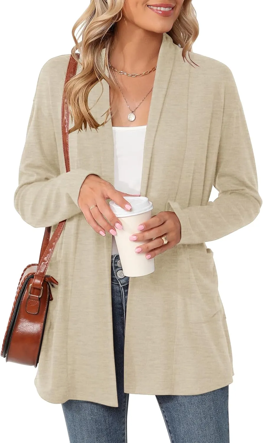 Micoson Women's Long Sleeve Open Front Cardigan Casual Loose Lightweight Cardigans with Pockets