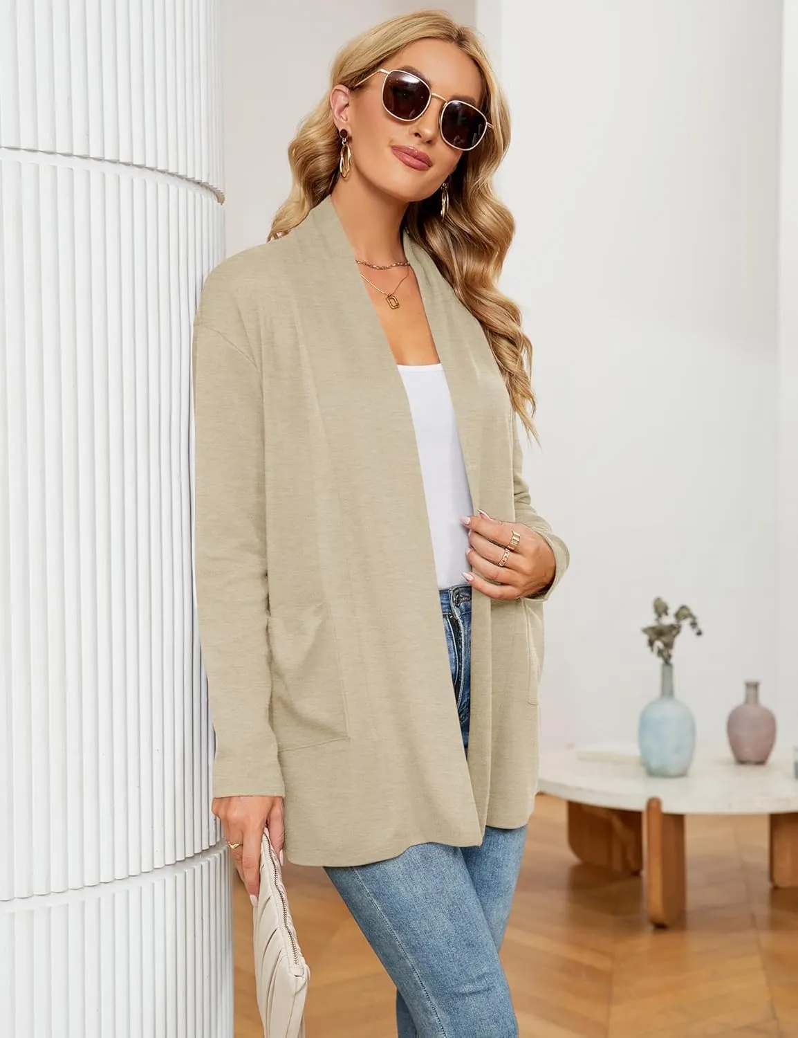 Micoson Women's Long Sleeve Open Front Cardigan Casual Loose Lightweight Cardigans with Pockets