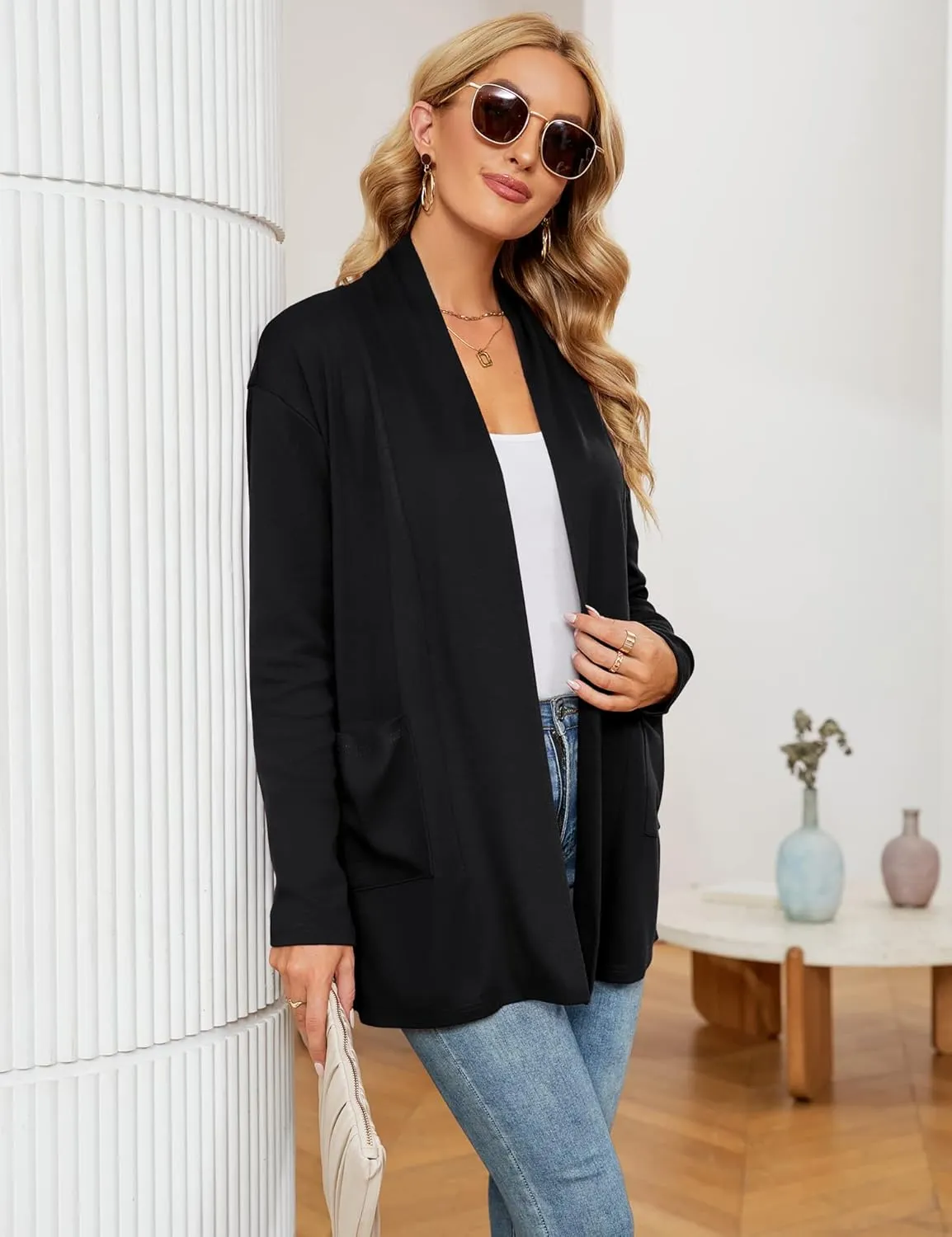 Micoson Women's Long Sleeve Open Front Cardigan Casual Loose Lightweight Cardigans with Pockets