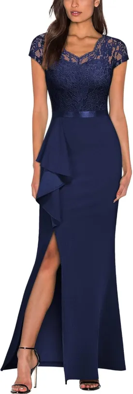 MISSMAY Women's Retro V-Neck Lace Split Style Evening Formal Long Dress