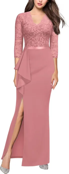 MISSMAY Women's Vintage Floral Lace Ruffle Half Sleeve Evening Party Formal Long Dress