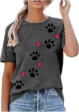 Mzkdieey Cute Dog Paw Print T-Shirts for Women Love Heart Short Sleeve Shirts Dog Lover Tee Dog Mom Tops Summer Casual Blouse