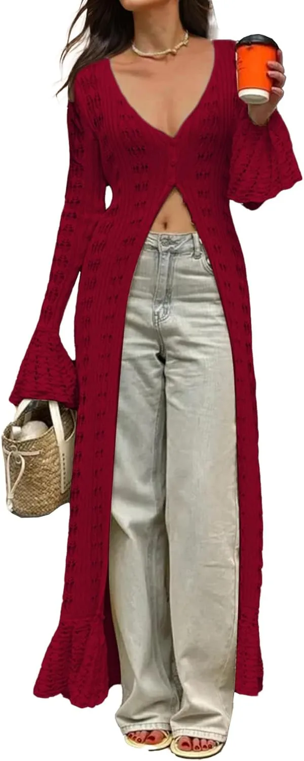 NRTHYE Women Long Crochet Cardigans Button up Knit Hollow Out Elegant Duster Sweaters Cover Up Maxi Dress