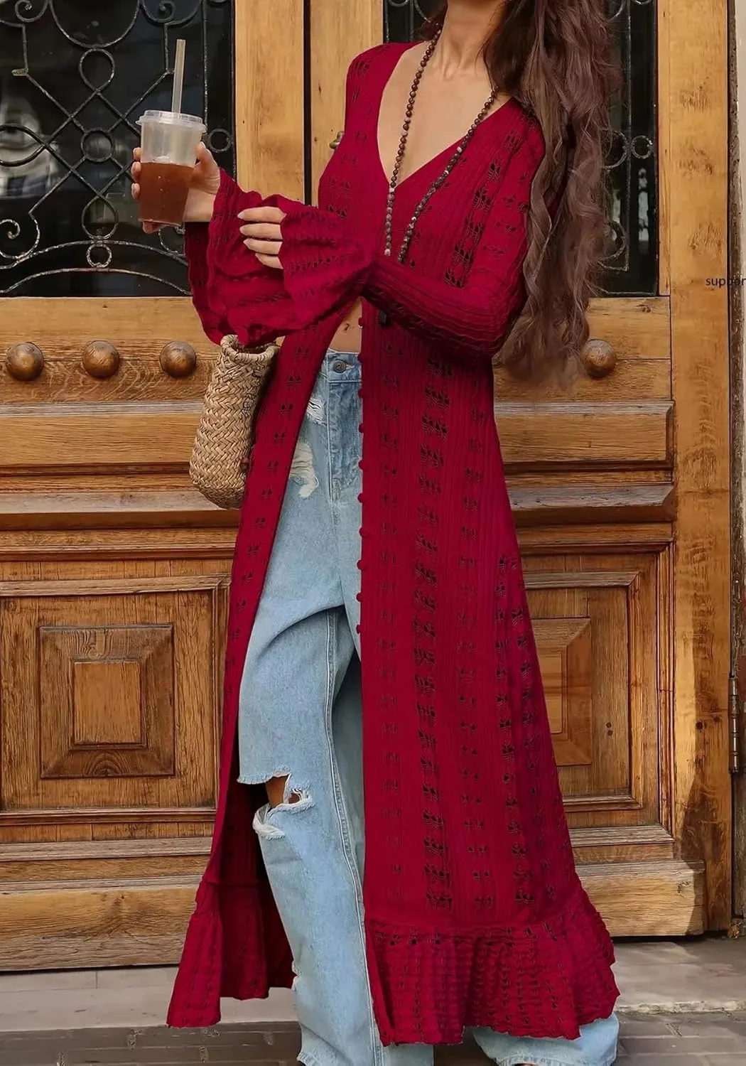 NRTHYE Women Long Crochet Cardigans Button up Knit Hollow Out Elegant Duster Sweaters Cover Up Maxi Dress