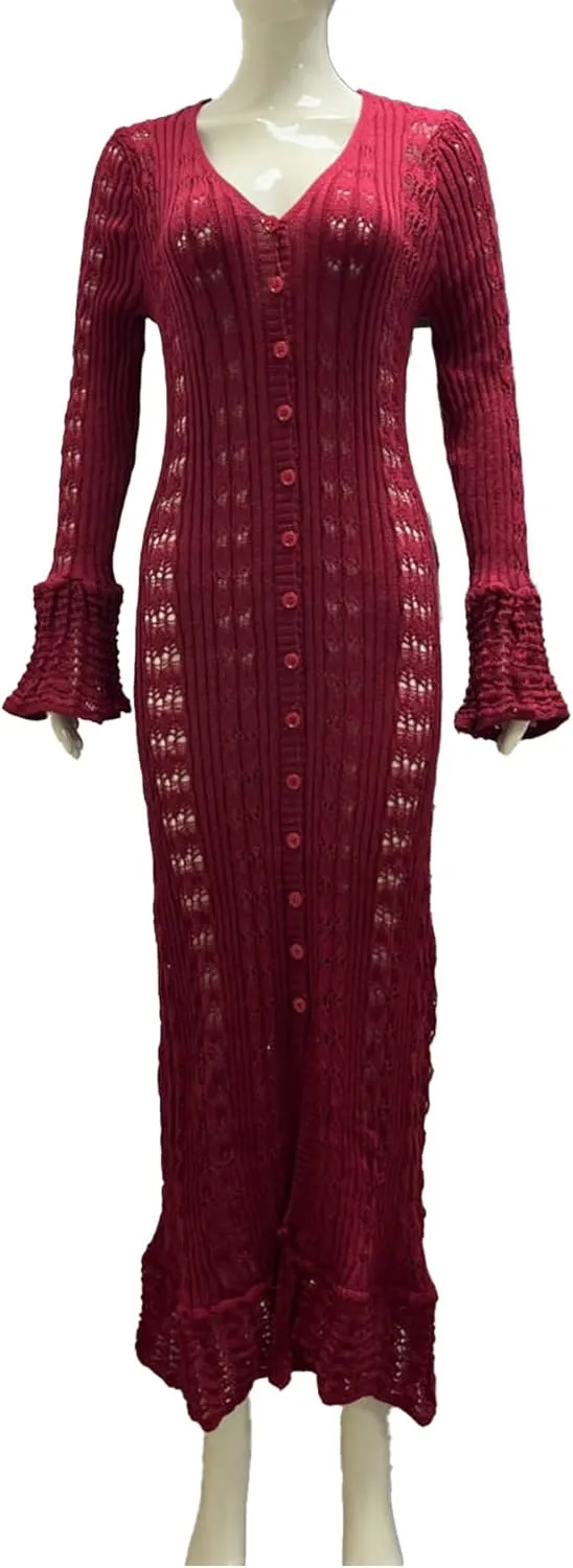 NRTHYE Women Long Crochet Cardigans Button up Knit Hollow Out Elegant Duster Sweaters Cover Up Maxi Dress
