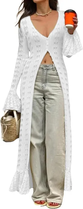 NRTHYE Women Long Crochet Cardigans Button up Knit Hollow Out Elegant Duster Sweaters Cover Up Maxi Dress