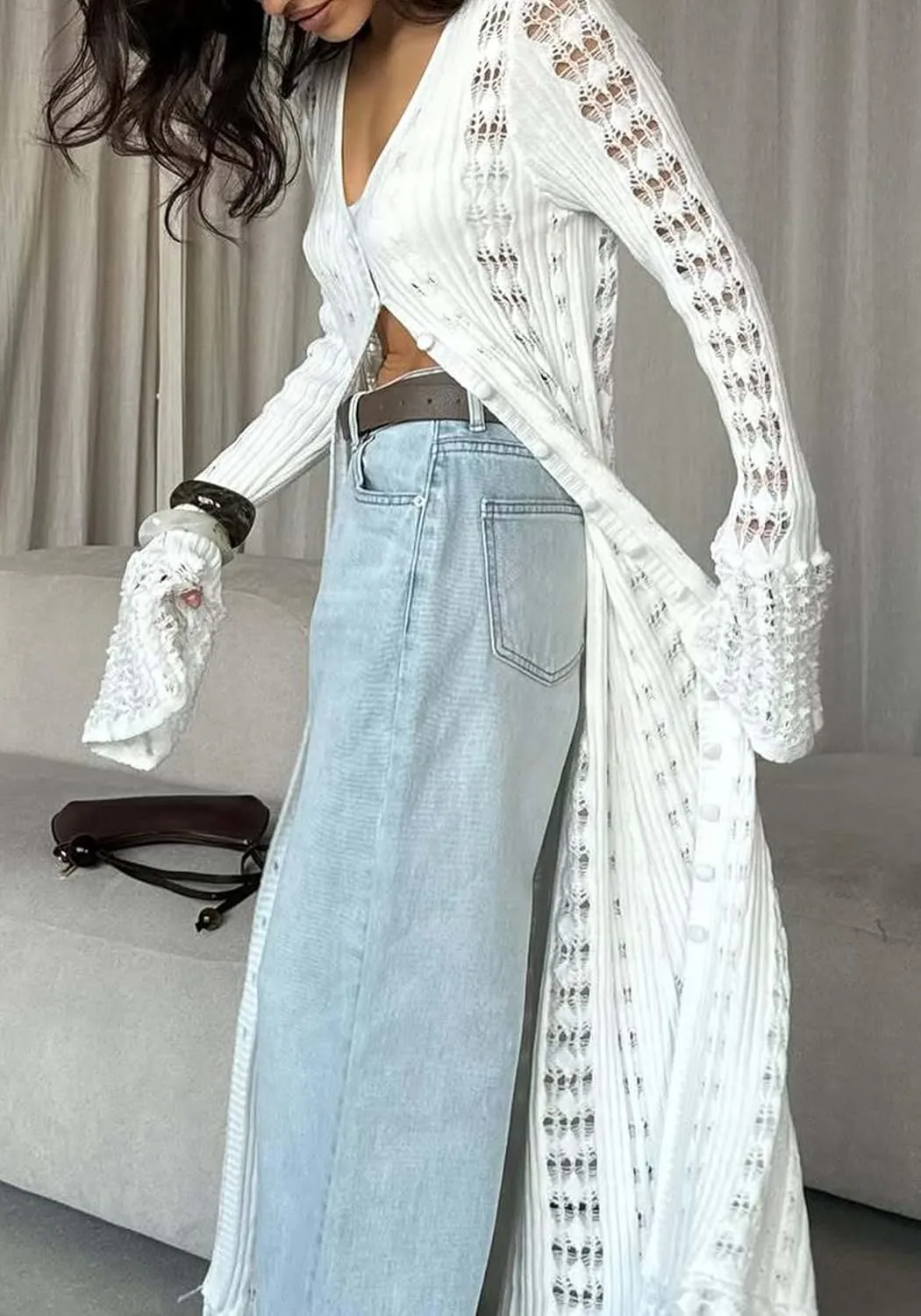 NRTHYE Women Long Crochet Cardigans Button up Knit Hollow Out Elegant Duster Sweaters Cover Up Maxi Dress