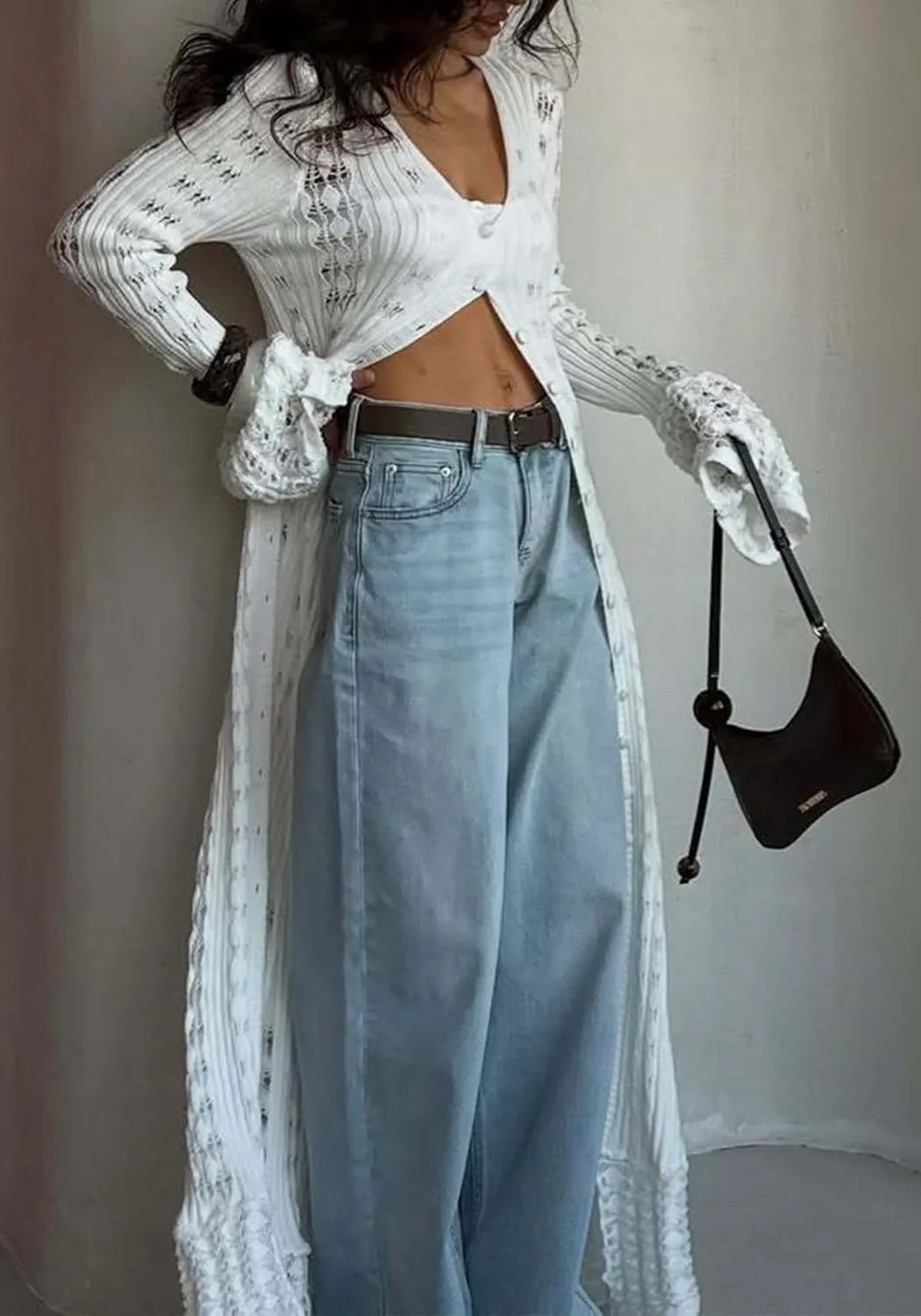 NRTHYE Women Long Crochet Cardigans Button up Knit Hollow Out Elegant Duster Sweaters Cover Up Maxi Dress