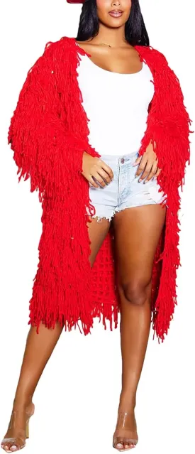 NRTHYE Women's Tassel Sweater Cardigan Open Front Cable Knit Fringe Mid Length Cardigan Sweater