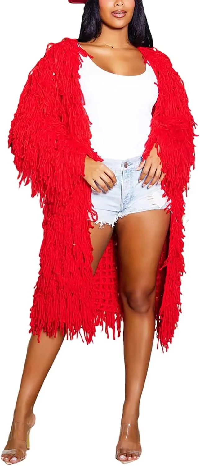 NRTHYE Women's Tassel Sweater Cardigan Open Front Cable Knit Fringe Mid Length Cardigan Sweater