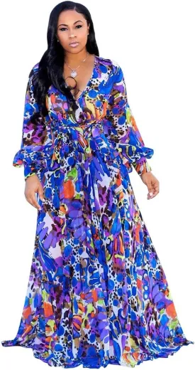 Nuofengkudu Womens Chiffon Deep V-Neck Stripe Printed Maxi Dress Unique Loose Summer Boho Dresses High Waiste(S-5XL)
