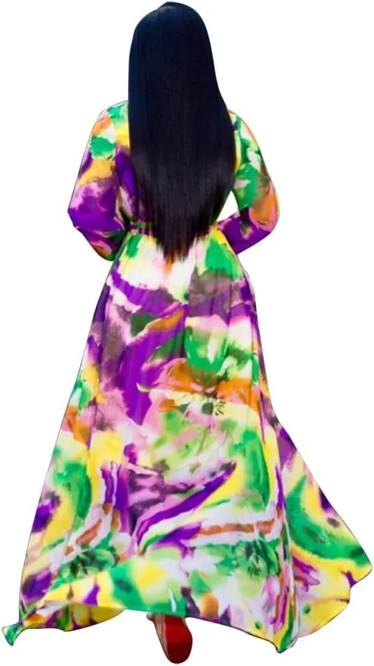 Nuofengkudu Womens Chiffon Deep V-Neck Stripe Printed Maxi Dress Unique Loose Summer Boho Dresses High Waiste(S-5XL)