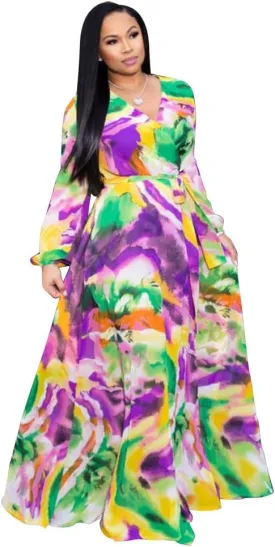 Nuofengkudu Womens Chiffon Deep V-Neck Stripe Printed Maxi Dress Unique Loose Summer Boho Dresses High Waiste(S-5XL)