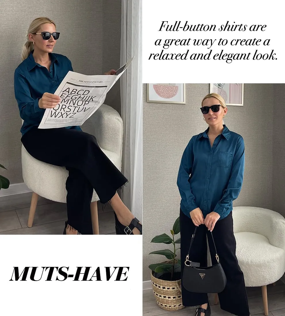 Pausus Satin Button Down Shirts for Women Long Sleeve Slim Fit Office Blouses Casual Business Silk Tops with Pocket S-XXL