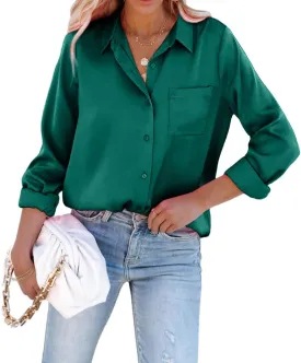 Pausus Satin Button Down Shirts for Women Long Sleeve Slim Fit Office Blouses Casual Business Silk Tops with Pocket S-XXL