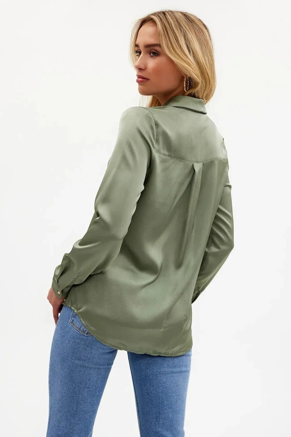 Pausus Satin Button Down Shirts for Women Long Sleeve Slim Fit Office Blouses Casual Business Silk Tops with Pocket S-XXL