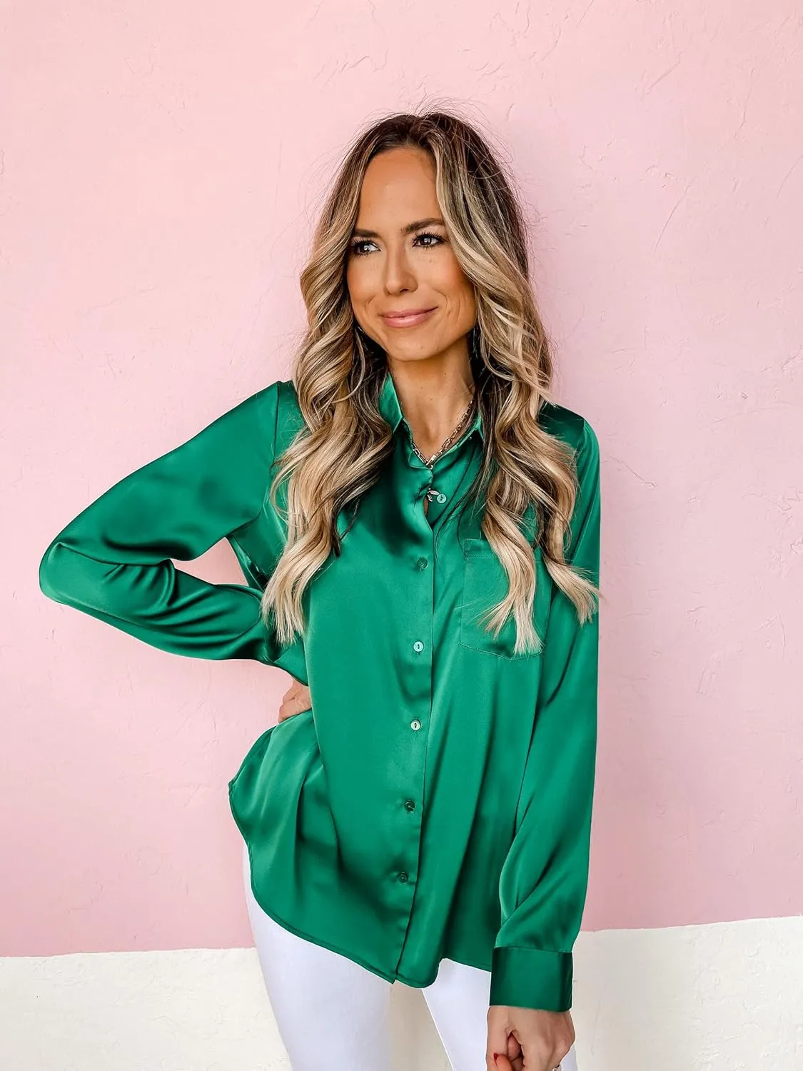 Pausus Satin Button Down Shirts for Women Long Sleeve Slim Fit Office Blouses Casual Business Silk Tops with Pocket S-XXL