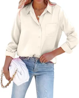 Pausus Satin Button Down Shirts for Women Long Sleeve Slim Fit Office Blouses Casual Business Silk Tops with Pocket S-XXL