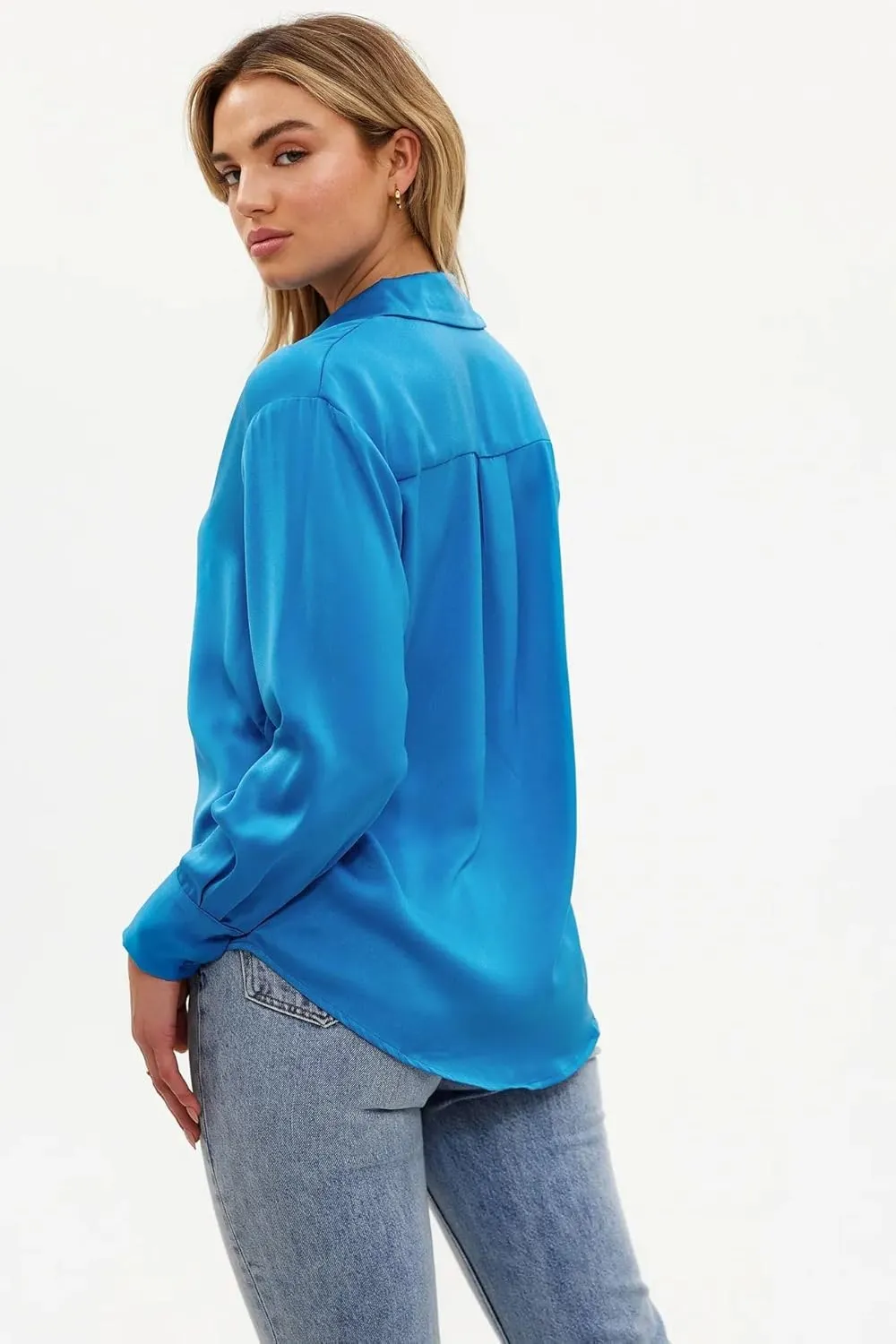Pausus Satin Button Down Shirts for Women Long Sleeve Slim Fit Office Blouses Casual Business Silk Tops with Pocket S-XXL