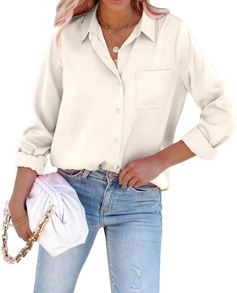 Pausus Satin Button Down Shirts for Women Long Sleeve Slim Fit Office Blouses Casual Business Silk Tops with Pocket S-XXL