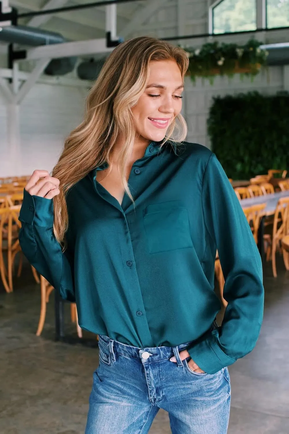 Pausus Satin Button Down Shirts for Women Long Sleeve Slim Fit Office Blouses Casual Business Silk Tops with Pocket S-XXL