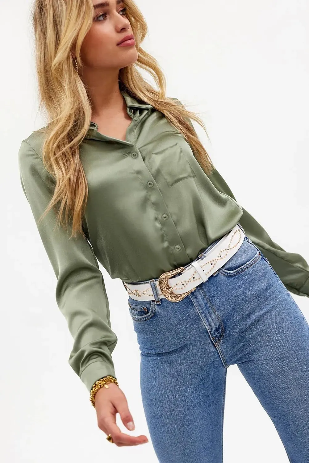 Pausus Satin Button Down Shirts for Women Long Sleeve Slim Fit Office Blouses Casual Business Silk Tops with Pocket S-XXL