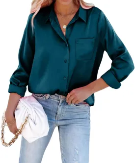 Pausus Satin Button Down Shirts for Women Long Sleeve Slim Fit Office Blouses Casual Business Silk Tops with Pocket S-XXL