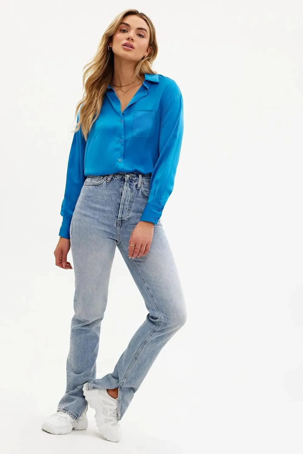 Pausus Satin Button Down Shirts for Women Long Sleeve Slim Fit Office Blouses Casual Business Silk Tops with Pocket S-XXL