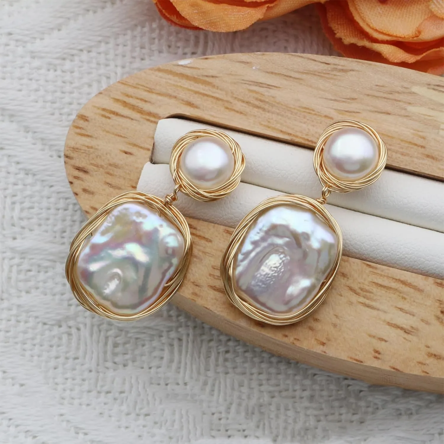 Pearl Earrings for Women,Baroque Freshwater Pearl Earrings for Women, Wire Wrap Gold pearl drop Earrings Jewelry, Handmade Jewelry Gift for Mom Lover Her (14K Gold Plated