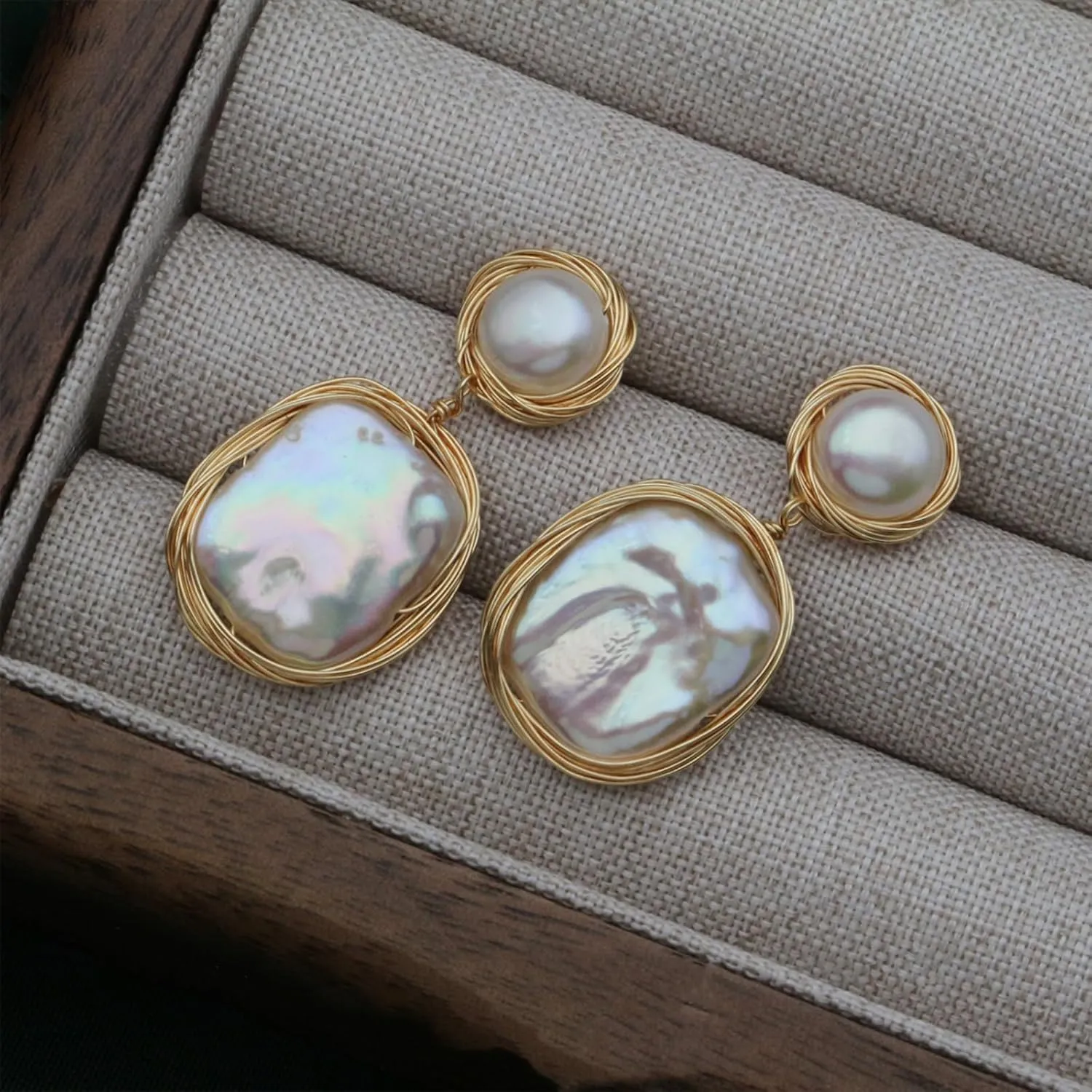Pearl Earrings for Women,Baroque Freshwater Pearl Earrings for Women, Wire Wrap Gold pearl drop Earrings Jewelry, Handmade Jewelry Gift for Mom Lover Her (14K Gold Plated