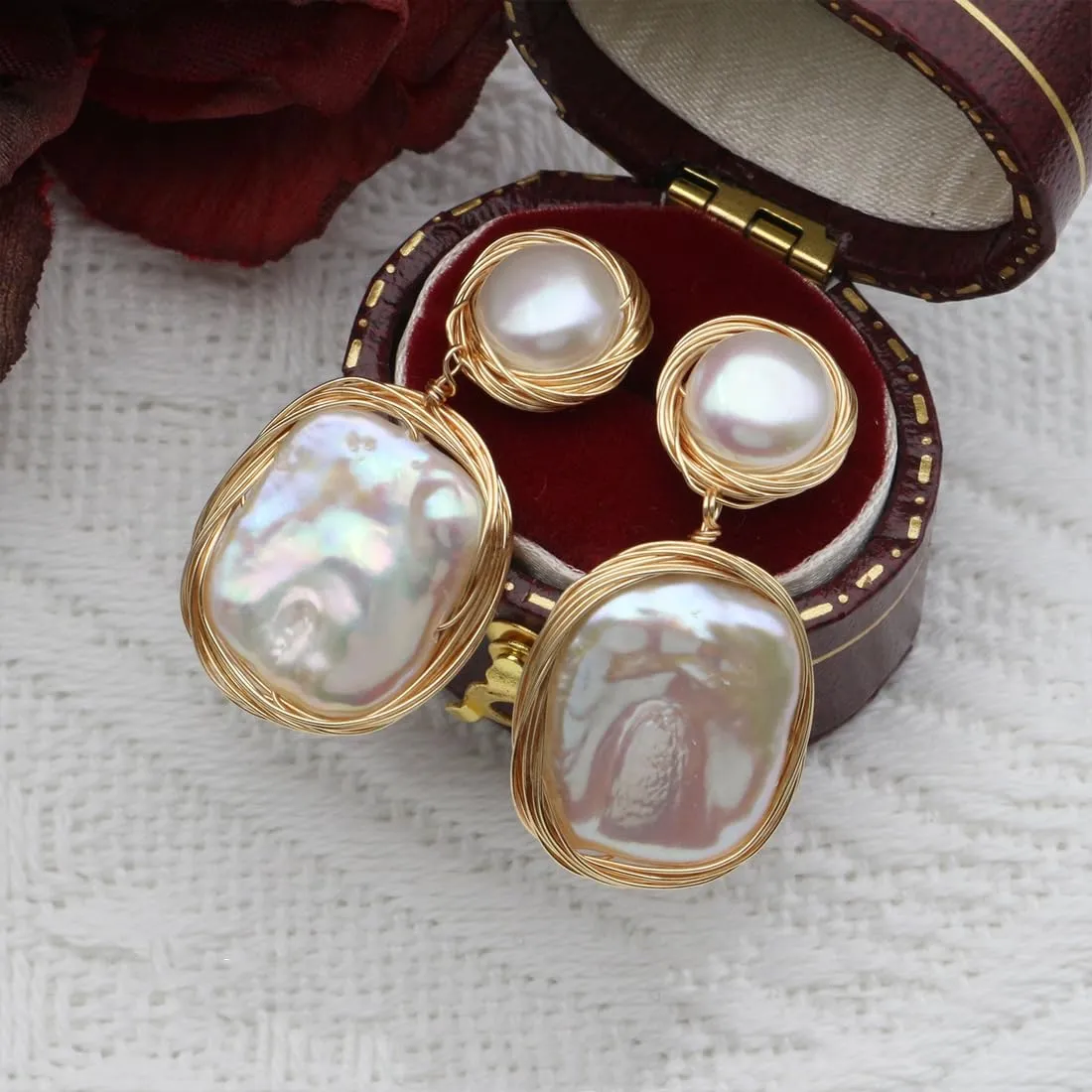 Pearl Earrings for Women,Baroque Freshwater Pearl Earrings for Women, Wire Wrap Gold pearl drop Earrings Jewelry, Handmade Jewelry Gift for Mom Lover Her (14K Gold Plated