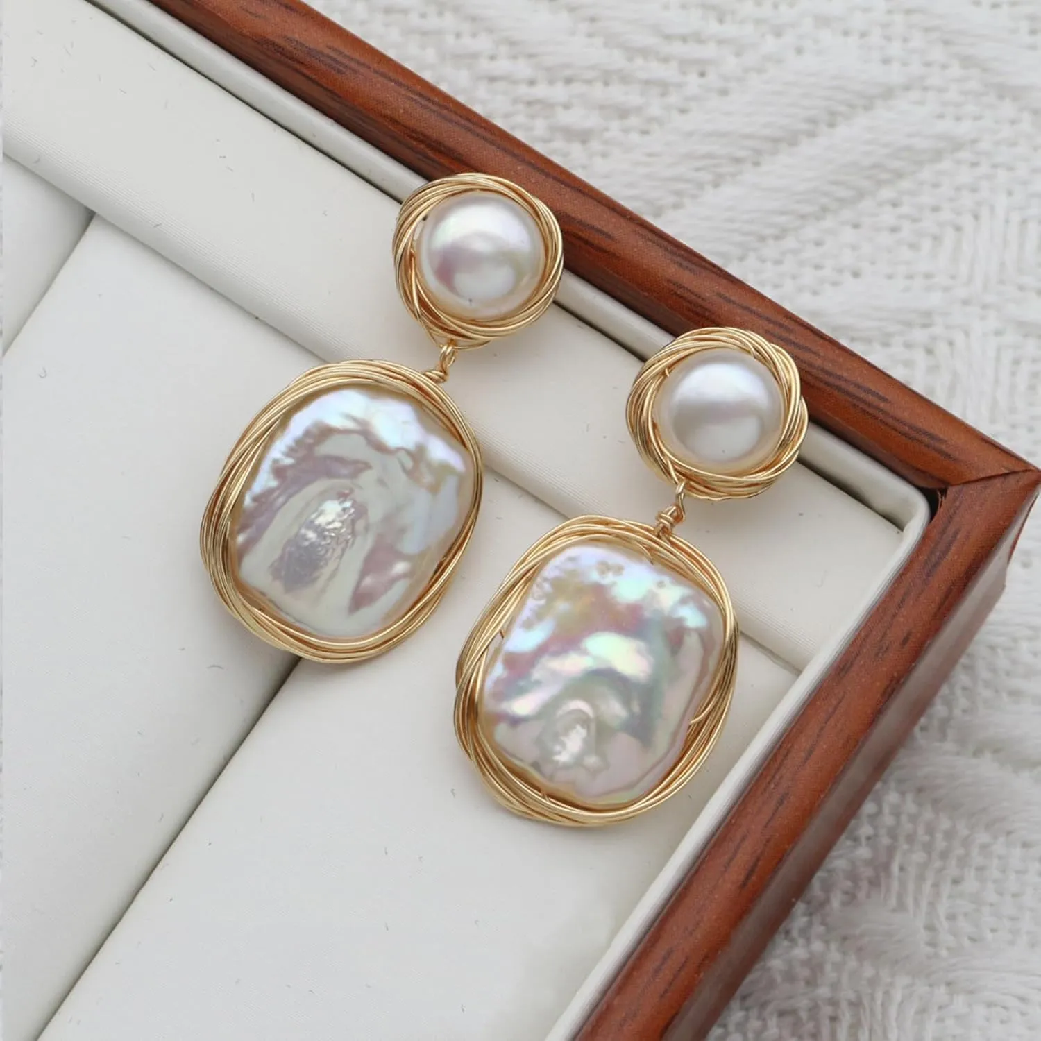 Pearl Earrings for Women,Baroque Freshwater Pearl Earrings for Women, Wire Wrap Gold pearl drop Earrings Jewelry, Handmade Jewelry Gift for Mom Lover Her (14K Gold Plated
