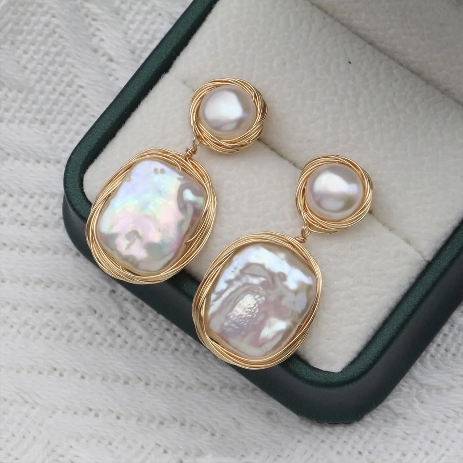 Pearl Earrings for Women,Baroque Freshwater Pearl Earrings for Women, Wire Wrap Gold pearl drop Earrings Jewelry, Handmade Jewelry Gift for Mom Lover Her (14K Gold Plated