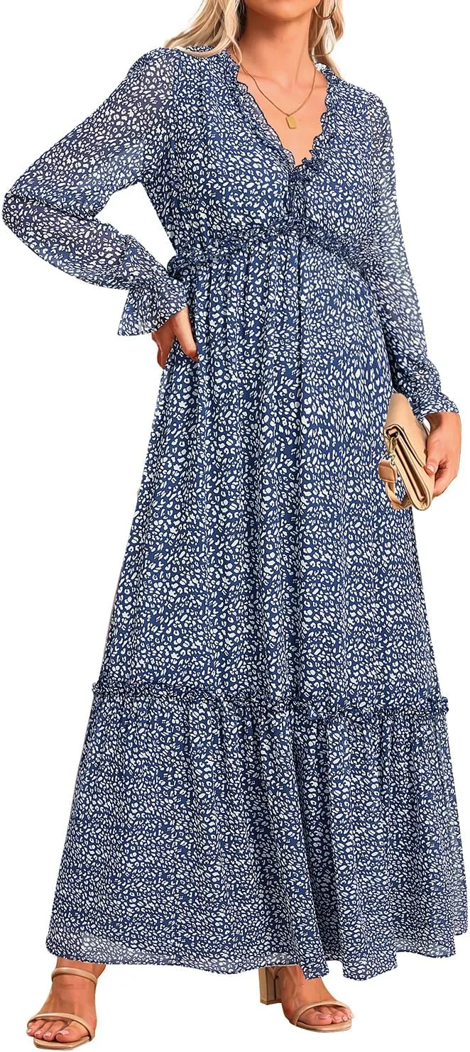 Pinup Fashion Fall Long Sleeve Maxi Dress - Casual Boho Chiffon Deep V Neck Long Flowy Dresses