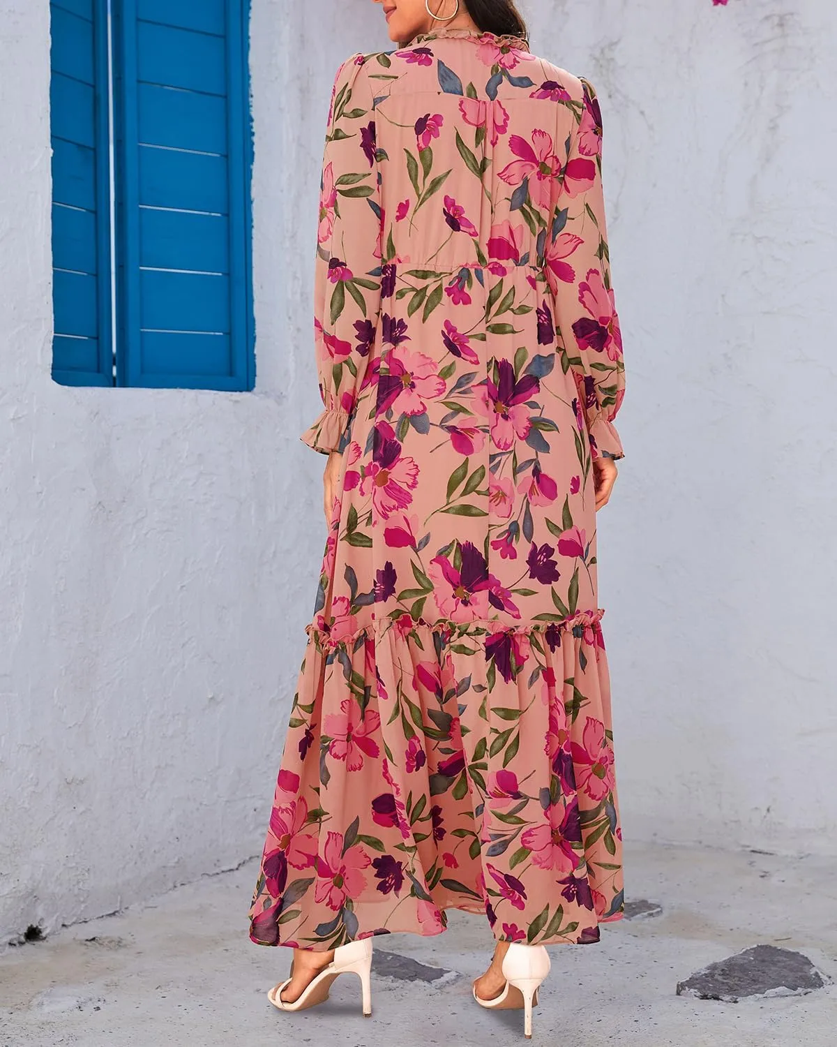 Pinup Fashion Fall Long Sleeve Maxi Dress - Casual Boho Chiffon Deep V Neck Long Flowy Dresses