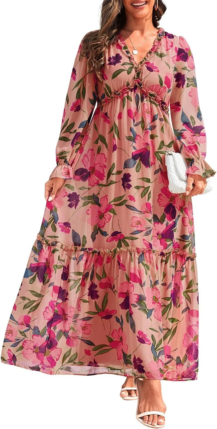 Pinup Fashion Fall Long Sleeve Maxi Dress - Casual Boho Chiffon Deep V Neck Long Flowy Dresses