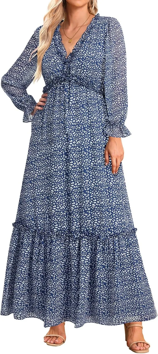 Pinup Fashion Fall Long Sleeve Maxi Dress - Casual Boho Chiffon Deep V Neck Long Flowy Dresses